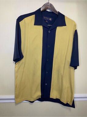 Nat Nast Yellow and Navy Panel Short-Sleeve Button-Down Shirt